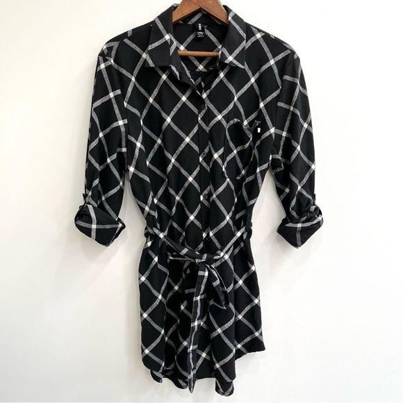 Agnes & Dora black ivory window pane flannel button up tunic top belt size XL - Picture 3 of 11
